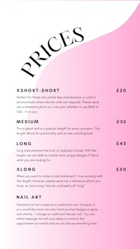 a pink and black menu with prices on it